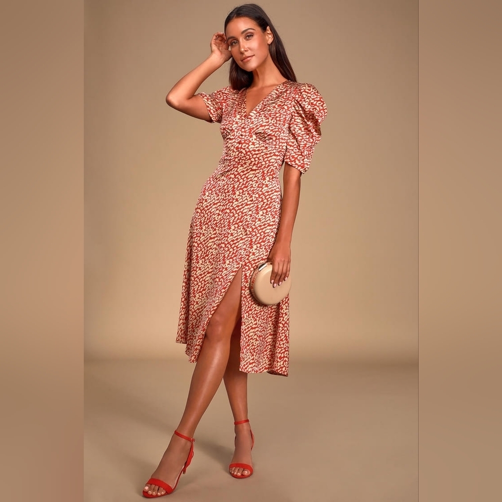 Lulus Animal Print VTG Inspired Slinky Satin Satin Side Slit Midi Dress